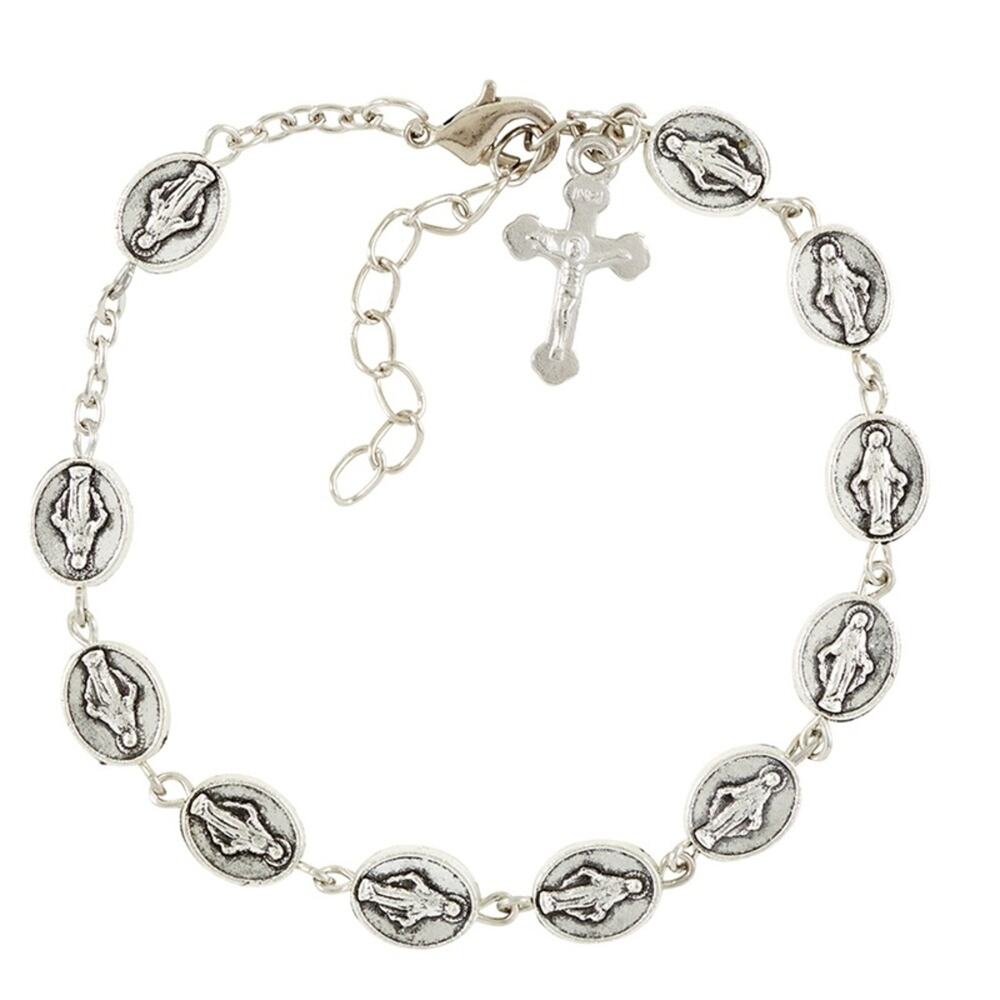 12 Pack, Silver Plated Adjustable Miraculous Beaded Cross Charm Bracelet - Picture 3 of 6